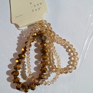 A New Day Stackable Beaded Stretch Bracelet Set Gold Tone Clear Round Crystal